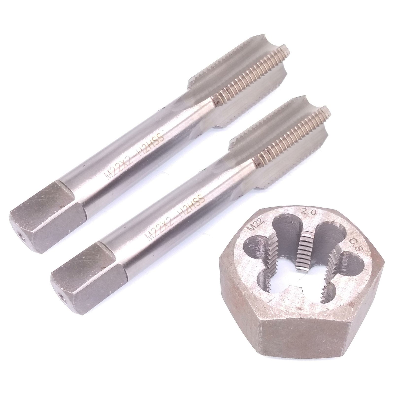 HSS M22 x 2mm Taper & Plug Tap & 22x2mm Hexagon Die Metric Thread Right Hand Set