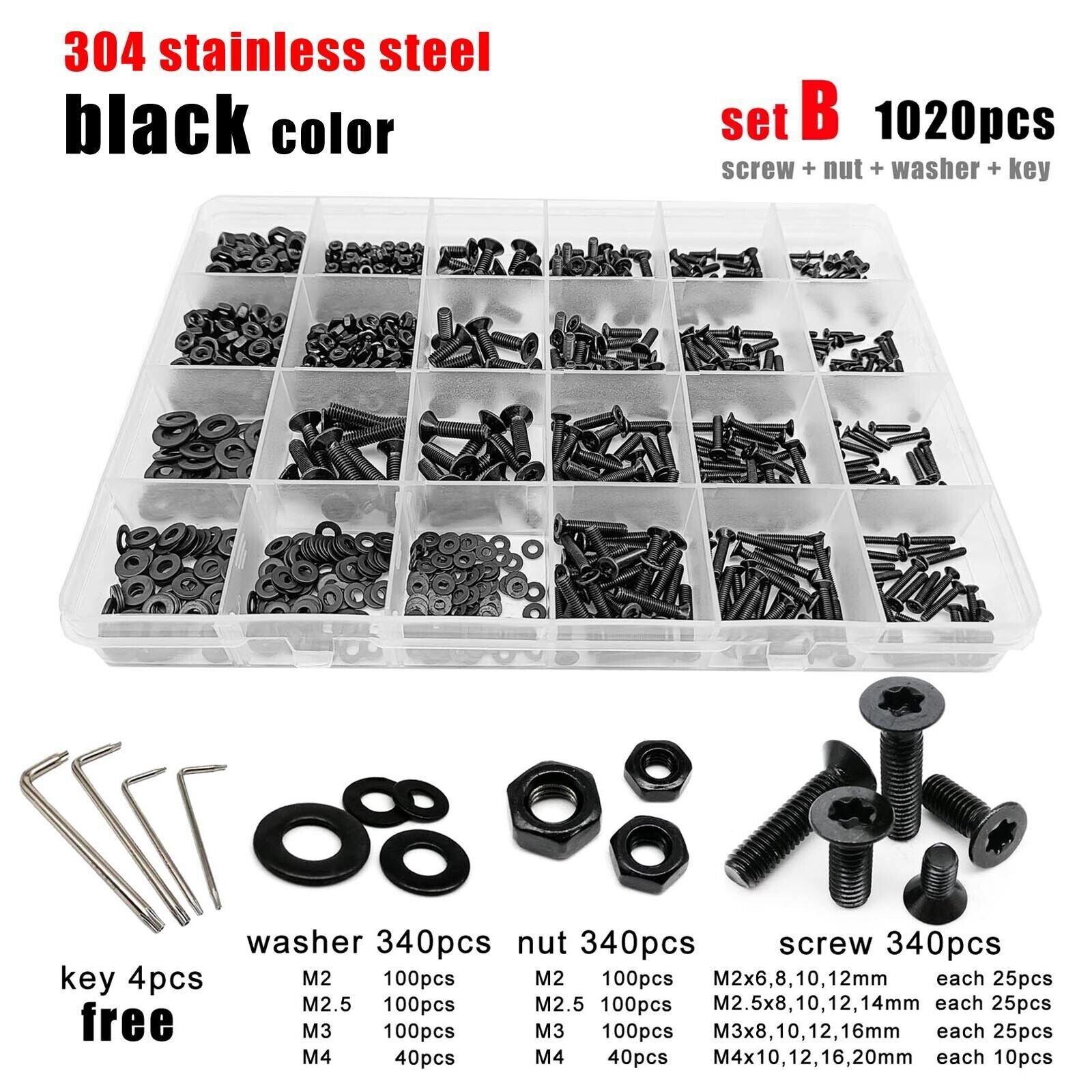 M2-M4 Black A2 304 Stainless Steel Torx Flat Countersunk Head Screw Bolt Set Kit
