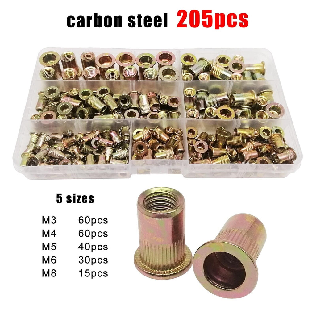 205pcs M3M4M5M6M8 Carbon Steel Flat Head Rivet Nut Insert Rivnut Assortment Set