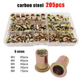 205pcs M3M4M5M6M8 Carbon Steel Flat Head Rivet Nut Insert Rivnut Assortment Set