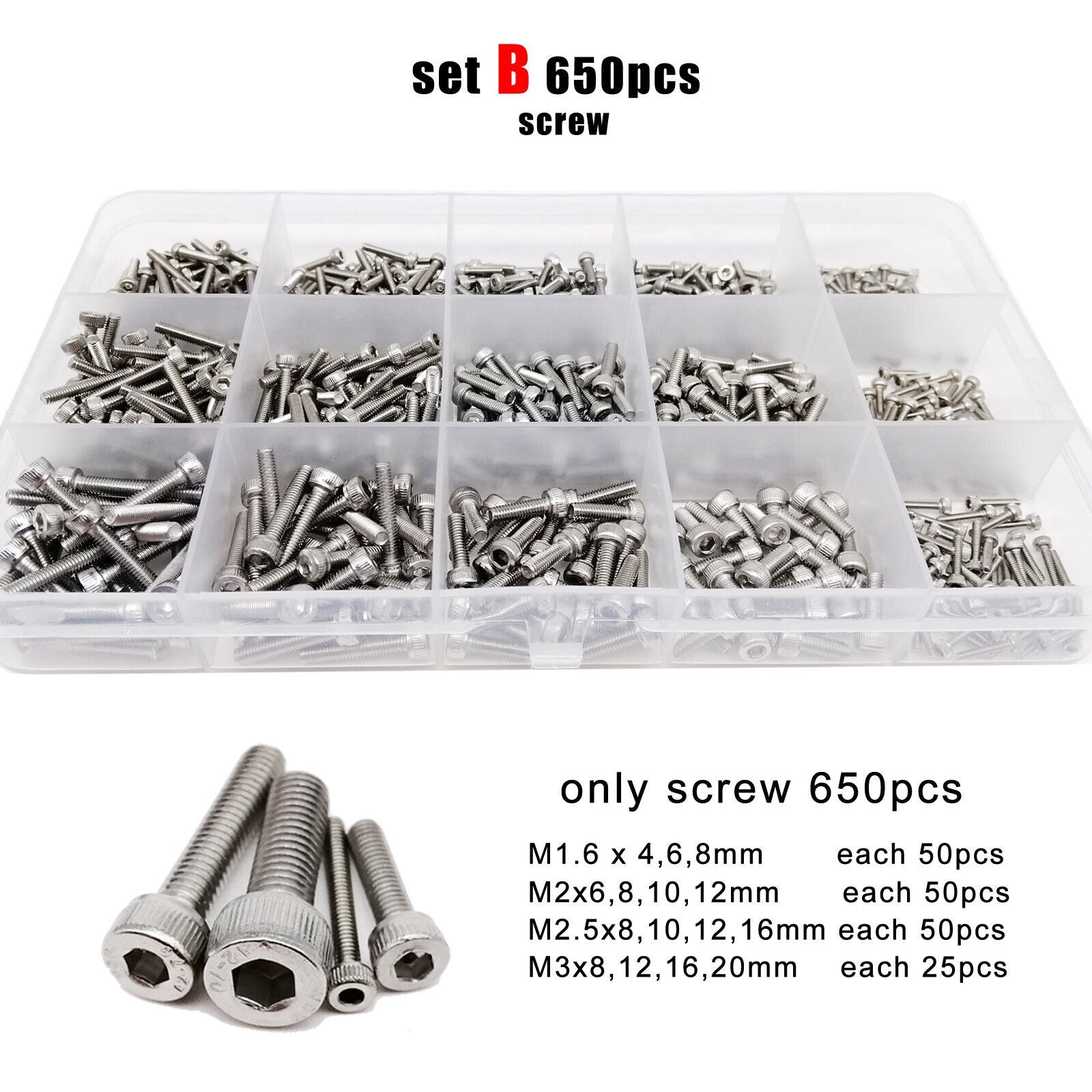 650pcs M1.6-M3 SS304 Hexagon Hex Socket Allen Cap Head Screw Bolt Nut Set Kit
