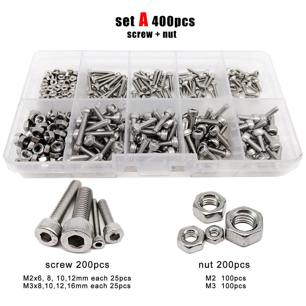 400pcs M2 M3 SS304 Hexagon Hex Socket Allen Cap Head Screw Bolt Nut Set Kit