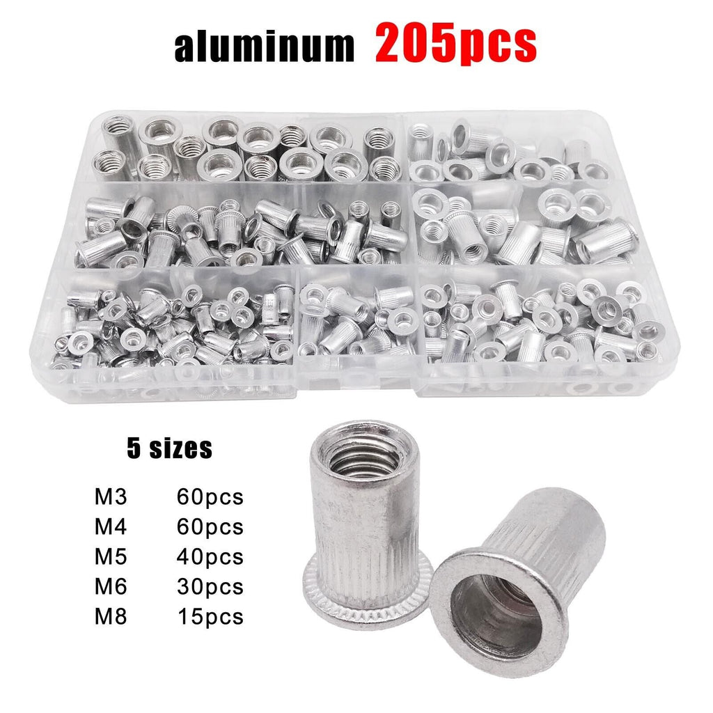 205pcs M3M4M5M6M8 Aluminum Flat Head Rivet Nut Insert Rivnut Assortment Set Kit