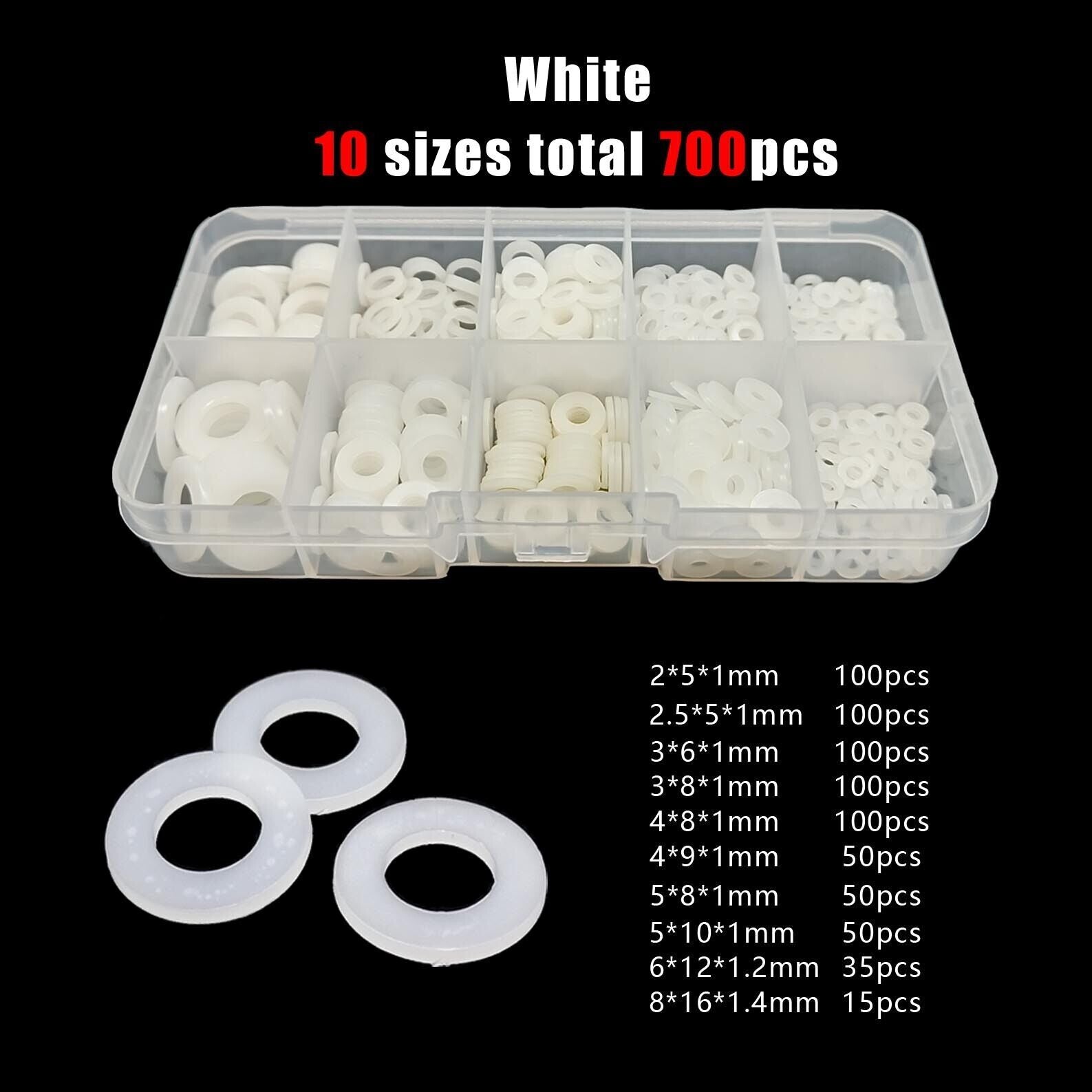 700pcs M2-M8 White Nylon Flat Washer Plain Insulation Gasket Assortment Kit Set