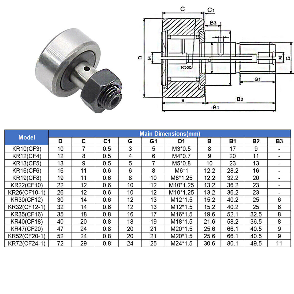2pcs Cam Follower Needle Roller Stud Track Bearings KR10 (CF3)