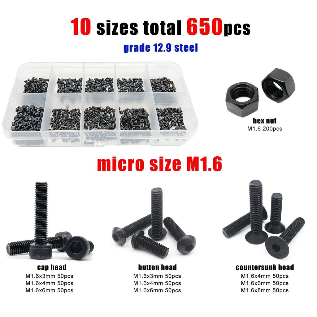 650 Small M1.6 Allen Hex Socket Head Cap Button Countersunk Screw Bolt Nut Kit