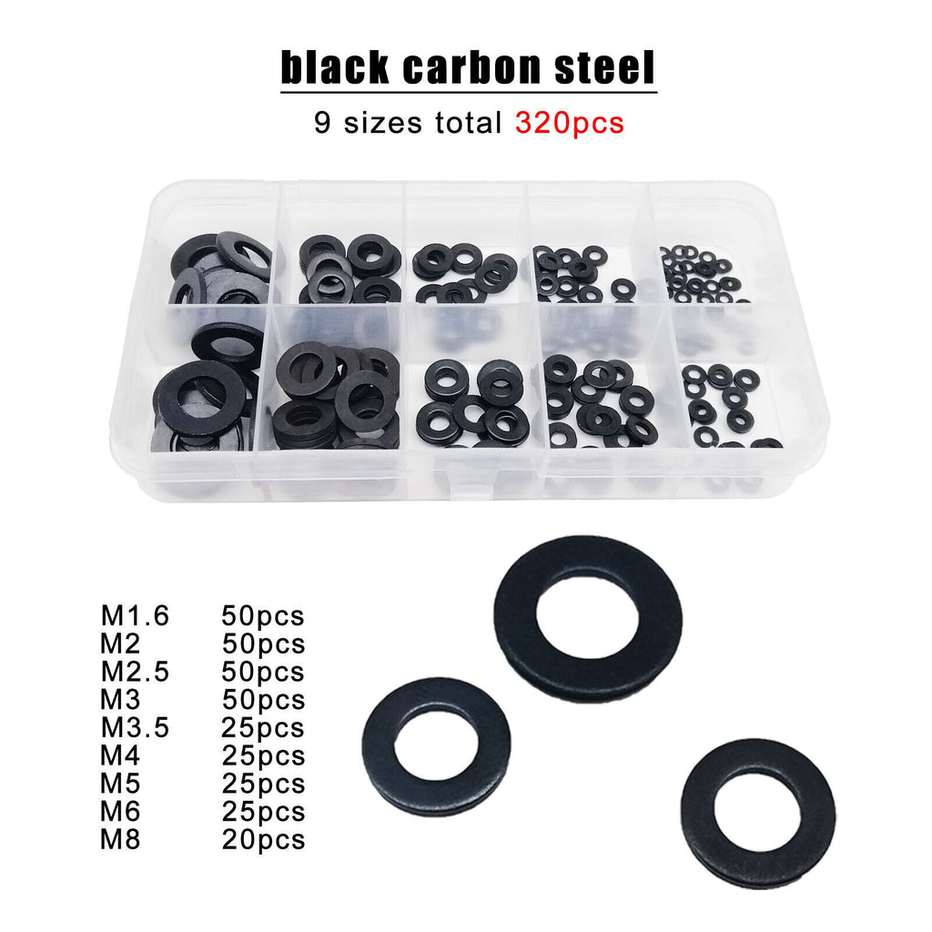 320pcs M1.6-M8 DIN912 GB97 Carbon Steel Flat Washer Plain Gasket Ring Pad Set