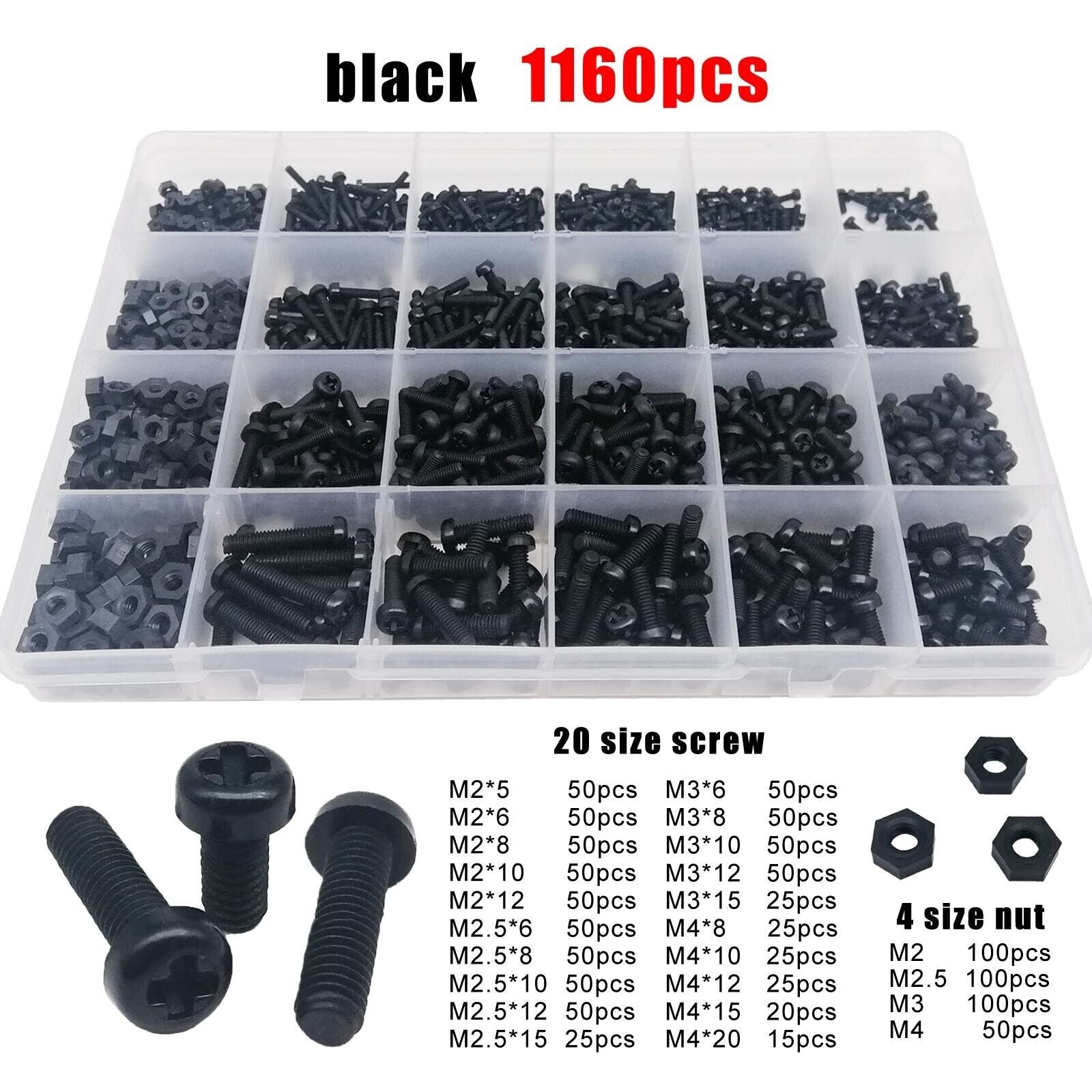1160x  M2M2.5M3M4 Black Nylon Plastic Phillips Pan Round Head Screw Bolt Nut Set