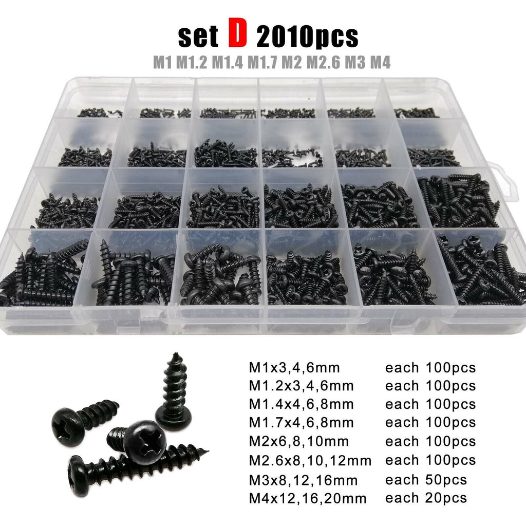 2010pcs M1-M4 Black Phillips Pan Round Head Self-tapping Wood Screw Set Kit