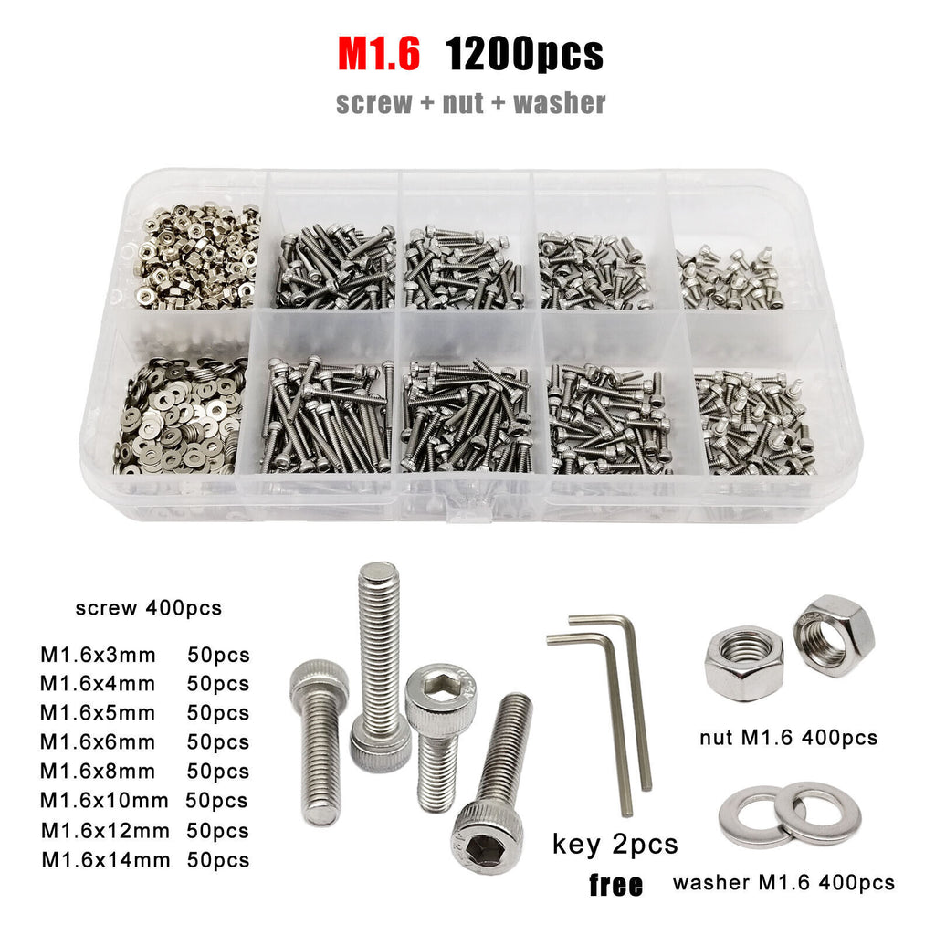 M1.6 SUS304 Allen Hexagon Hex Socket Cap Head Screw Bolt Nut Washer Set Kit