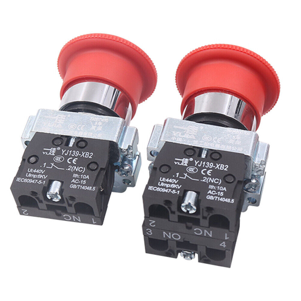 2x Red Mushroom Head 22mm E-STOP Emergency Stop Push Button Switch 1NO 1NC XB2