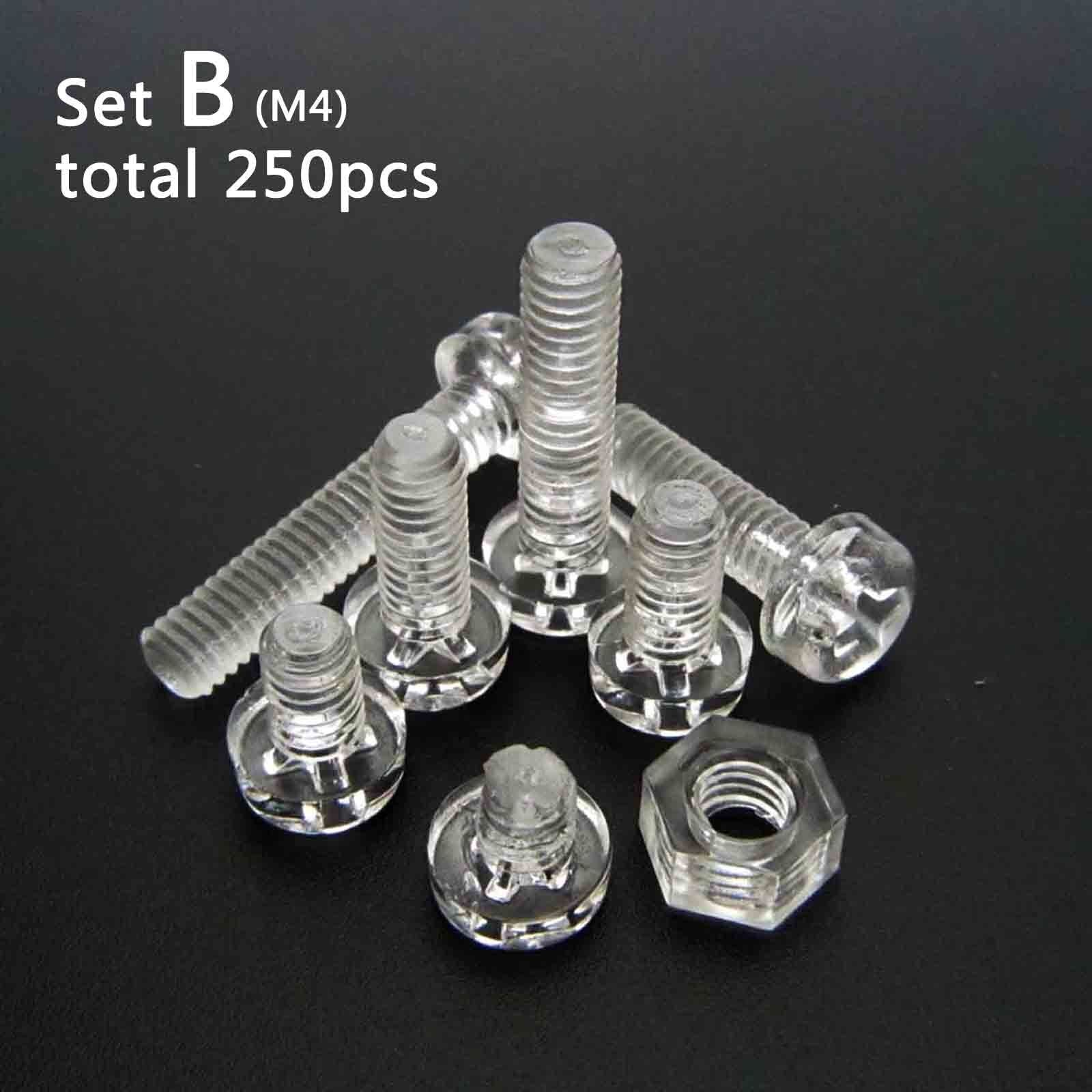 250pc Acrylic Clear Plastic M4 Round Pan Phillips Head Screw Bolt Nut Set Kit