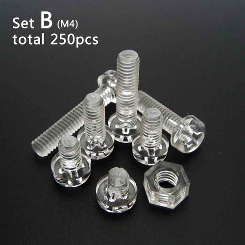 250pc Acrylic Clear Plastic M4 Round Pan Phillips Head Screw Bolt Nut Set Kit