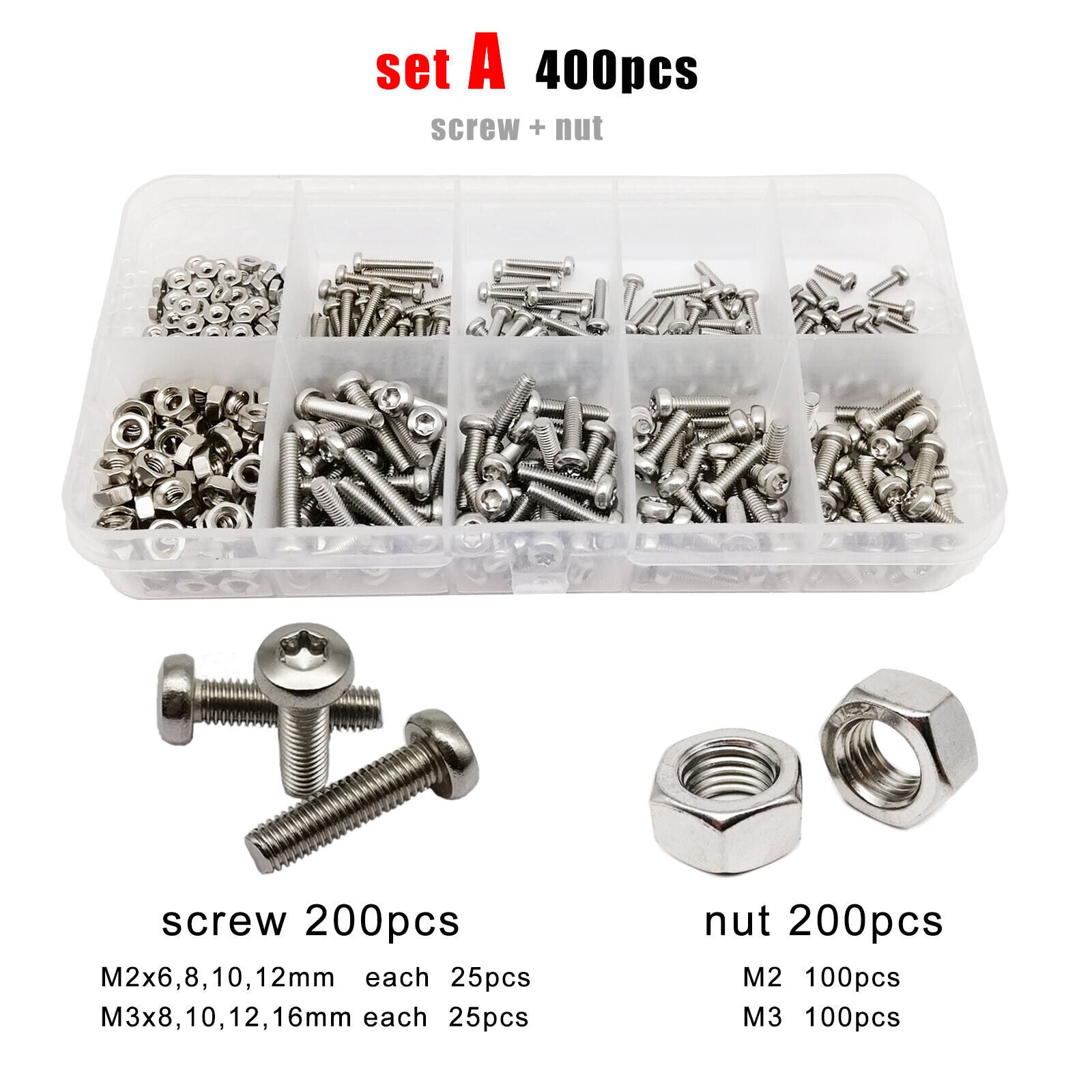 400pcs M2-M3 304 A2 Stainless Steel Torx Pan Round Head Screw Bolt Nut Set Kit