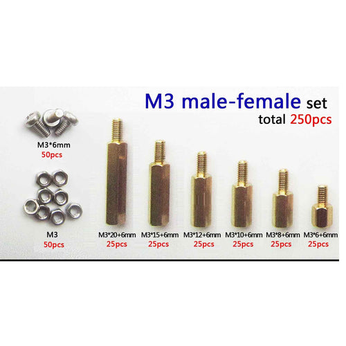 250pc Solid Brass M3 Hex Column Standoff  Spacer Screw Nut Assortment Kit PCB #4