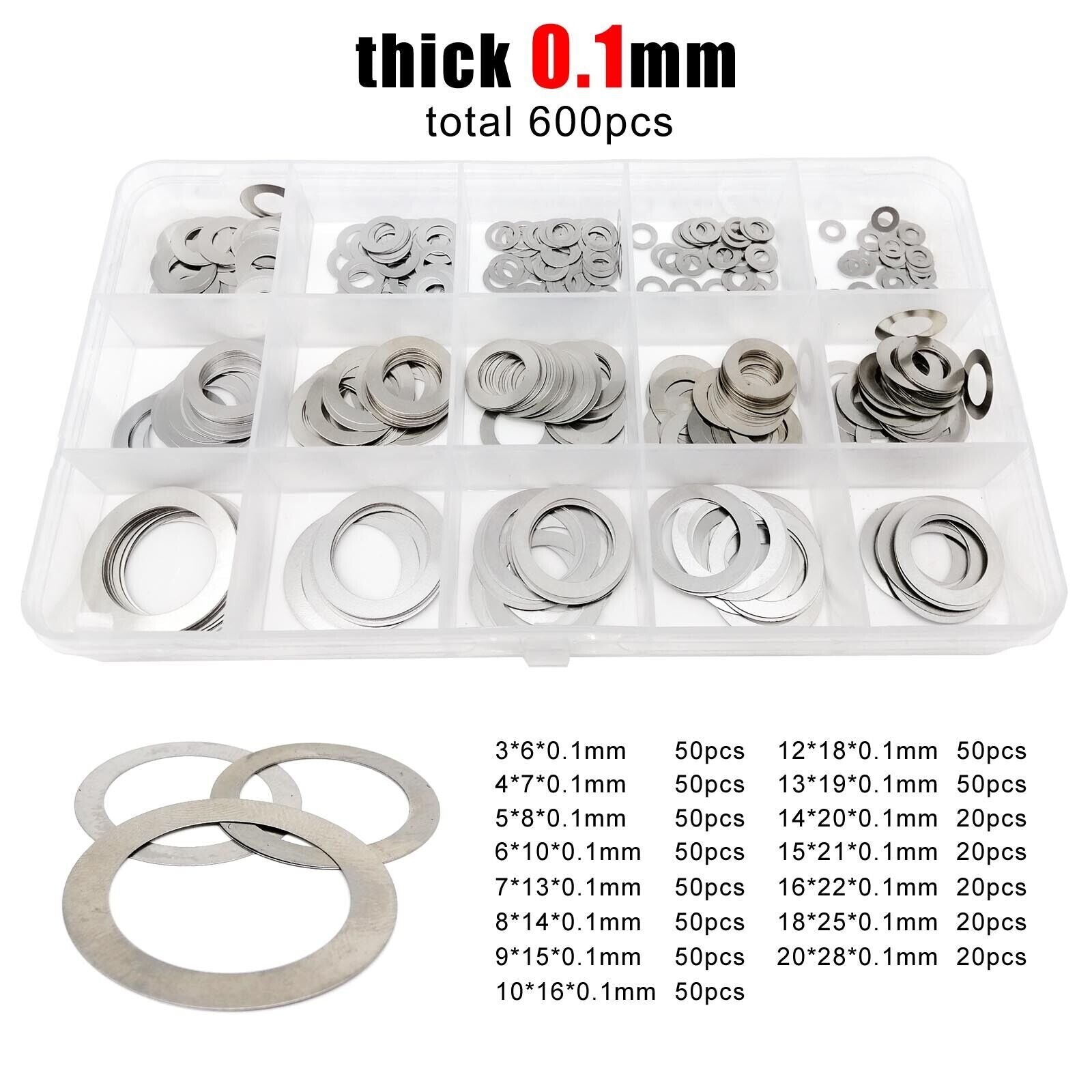AU Stock 600pcs M3-M20 SS Thin Flat Washer Adjusting Shim Plain Gasket Kit 0.1mm