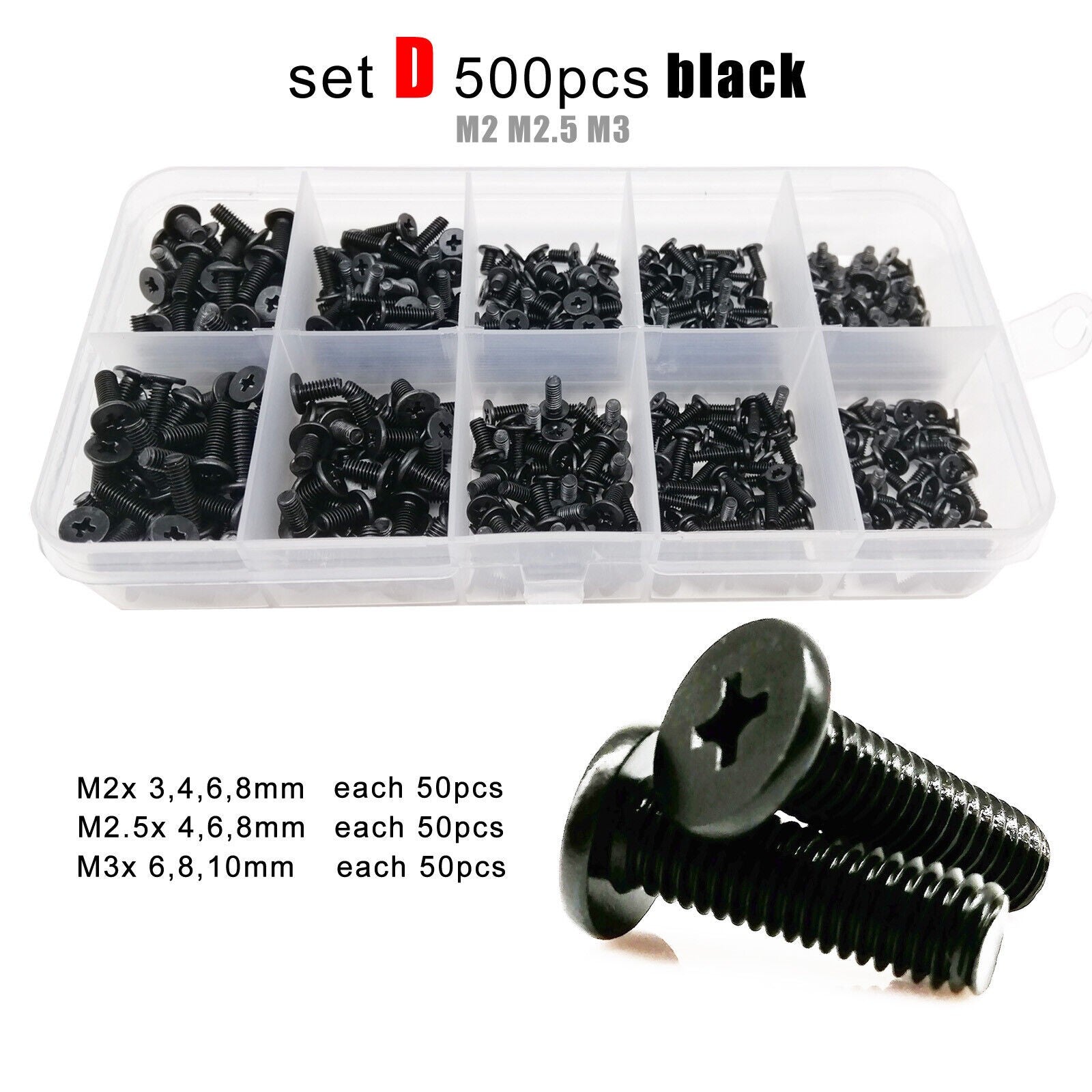500pc M2M2.5M3 Black Mini Phillips Ultra Thin Flat Wafer Head Screw Bolt Set Kit