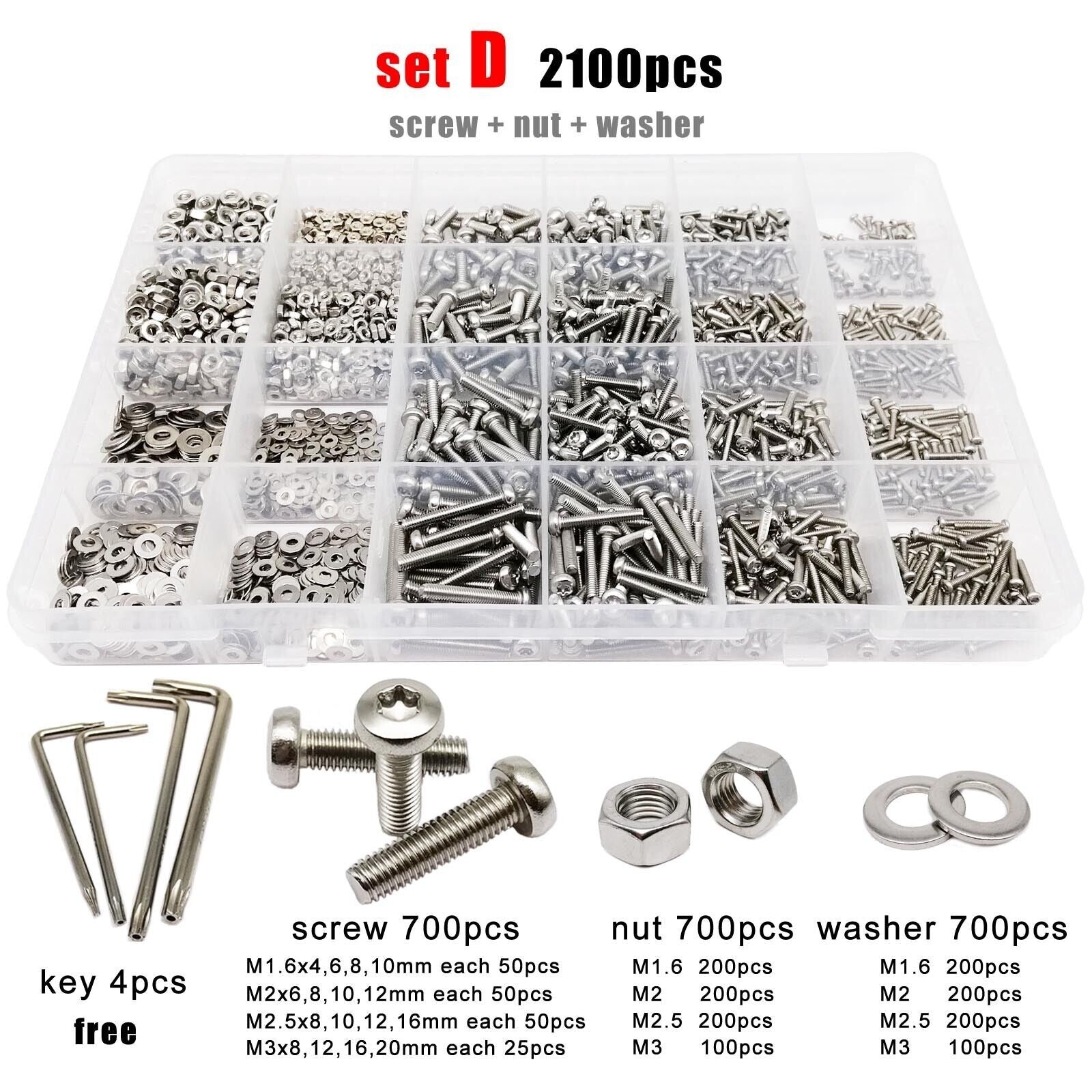 2100pcs M1.6-M3 304 Stainless Steel Torx Pan Round Head Screw Bolt Nut Set Kit