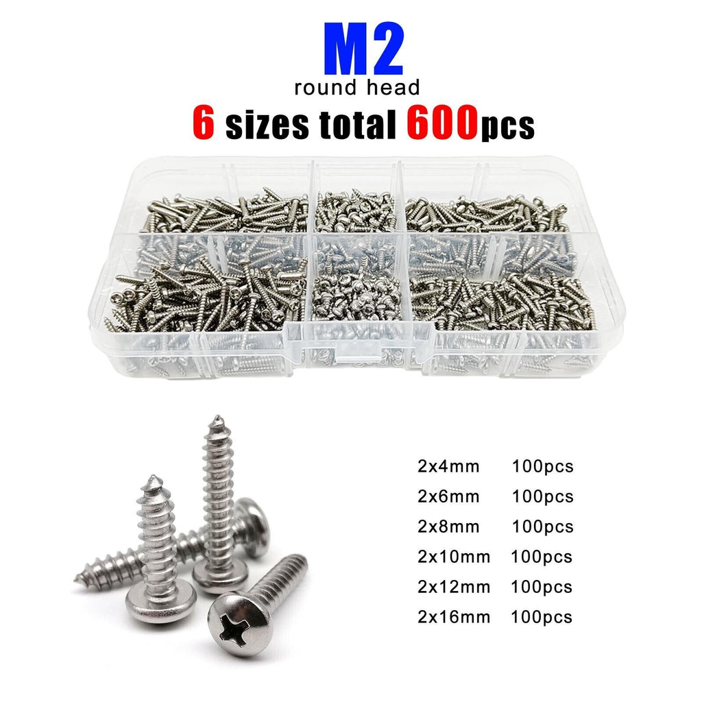 600pcs M2 Set Kit Phillips Pan Round Head Self Tapping Wood Screw 304SS