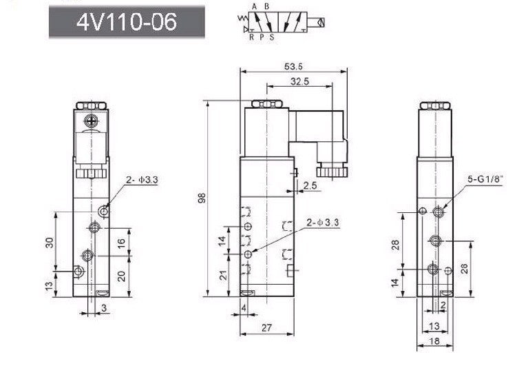 4V110-06 AC 110V 5 Way 2 Position 1/8" Pneumatic Solenoid Valve