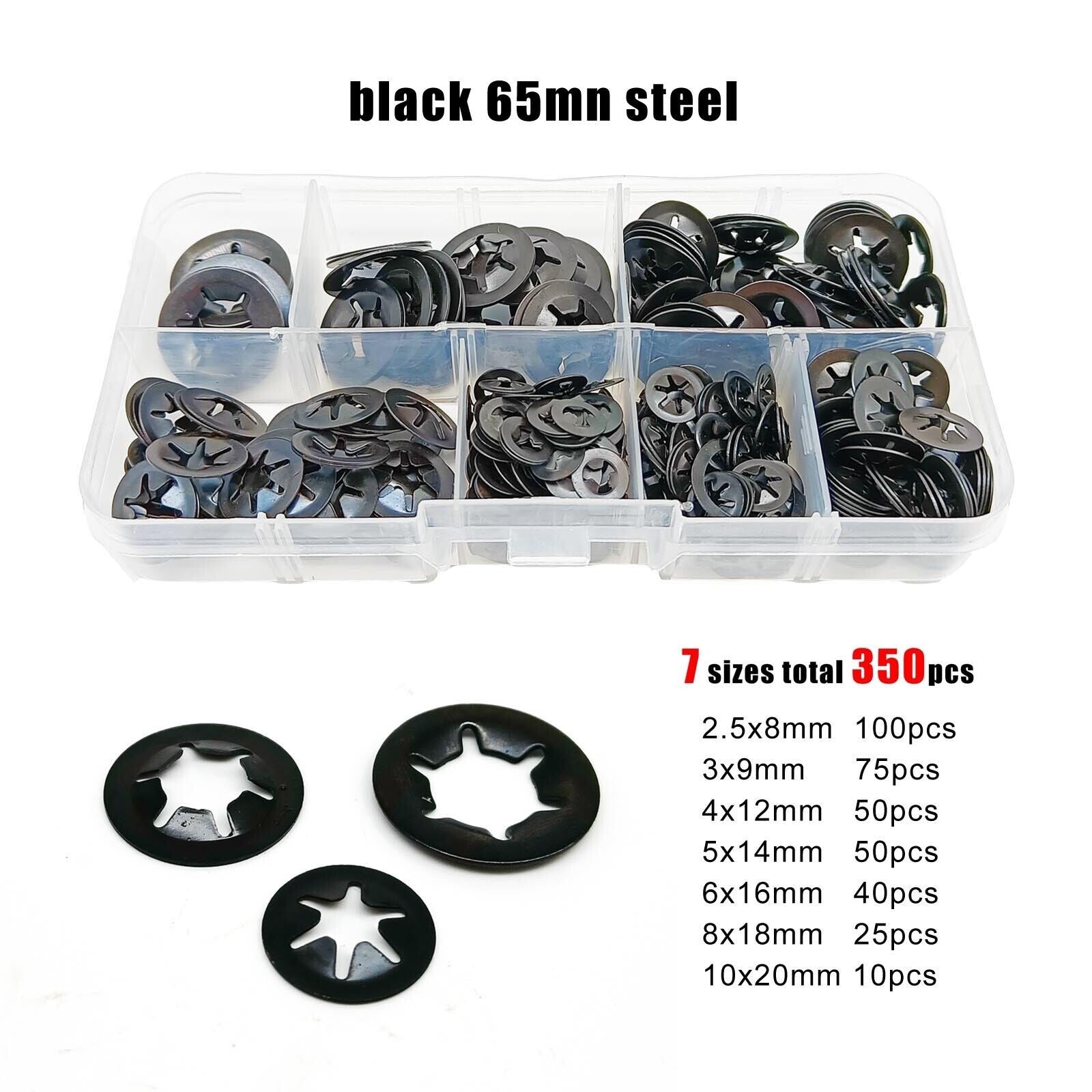350pcs M2.5-M10 65Mn External Circlip Push-on Retaining Clip Shaft Snap Ring Set