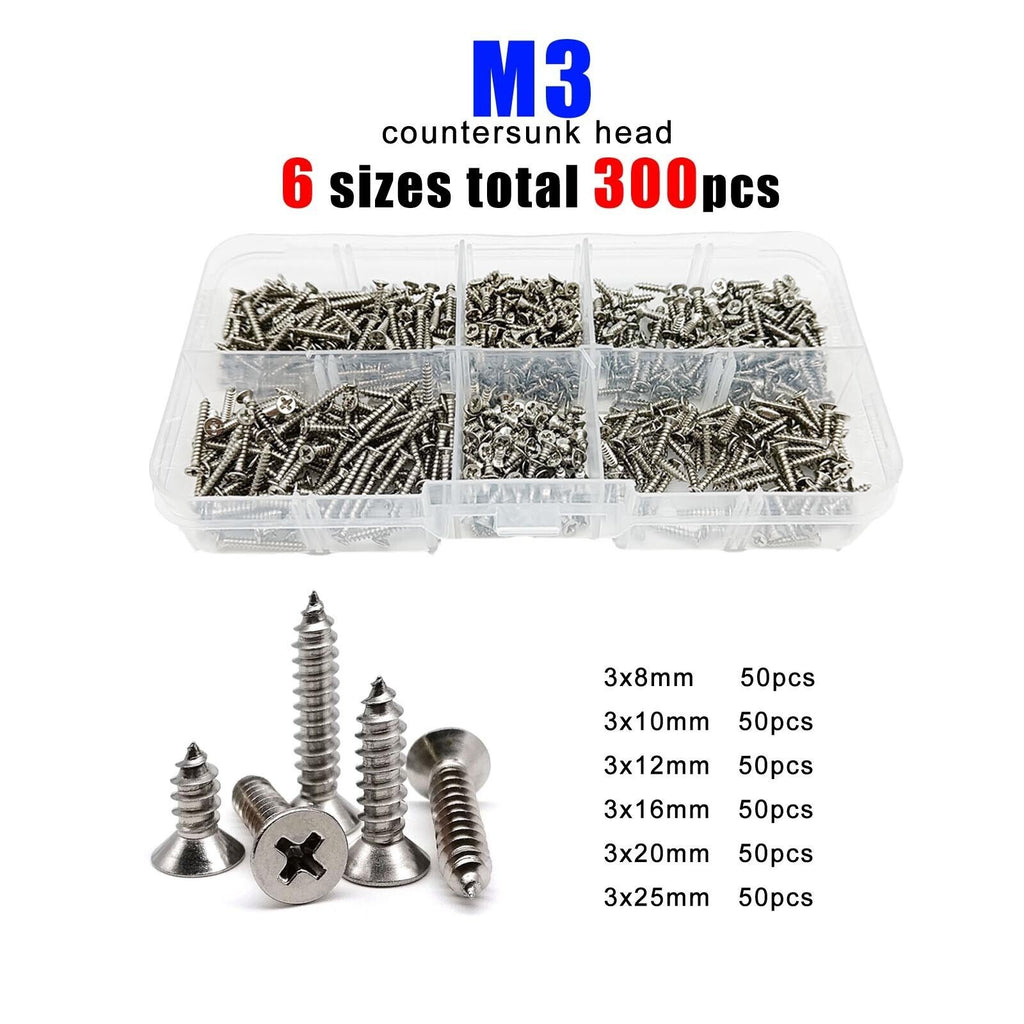 300pcs M3 304SS Phillips Flat Countersunk Head Self Tapping Wood Screw Set Kit