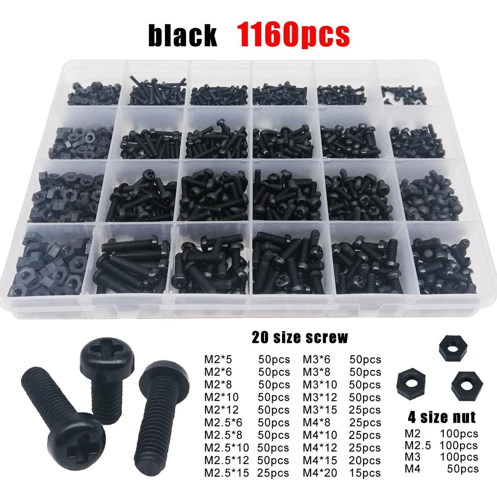 1160x  M2M2.5M3M4 Black Nylon Plastic Phillips Pan Round Head Screw Bolt Nut Set
