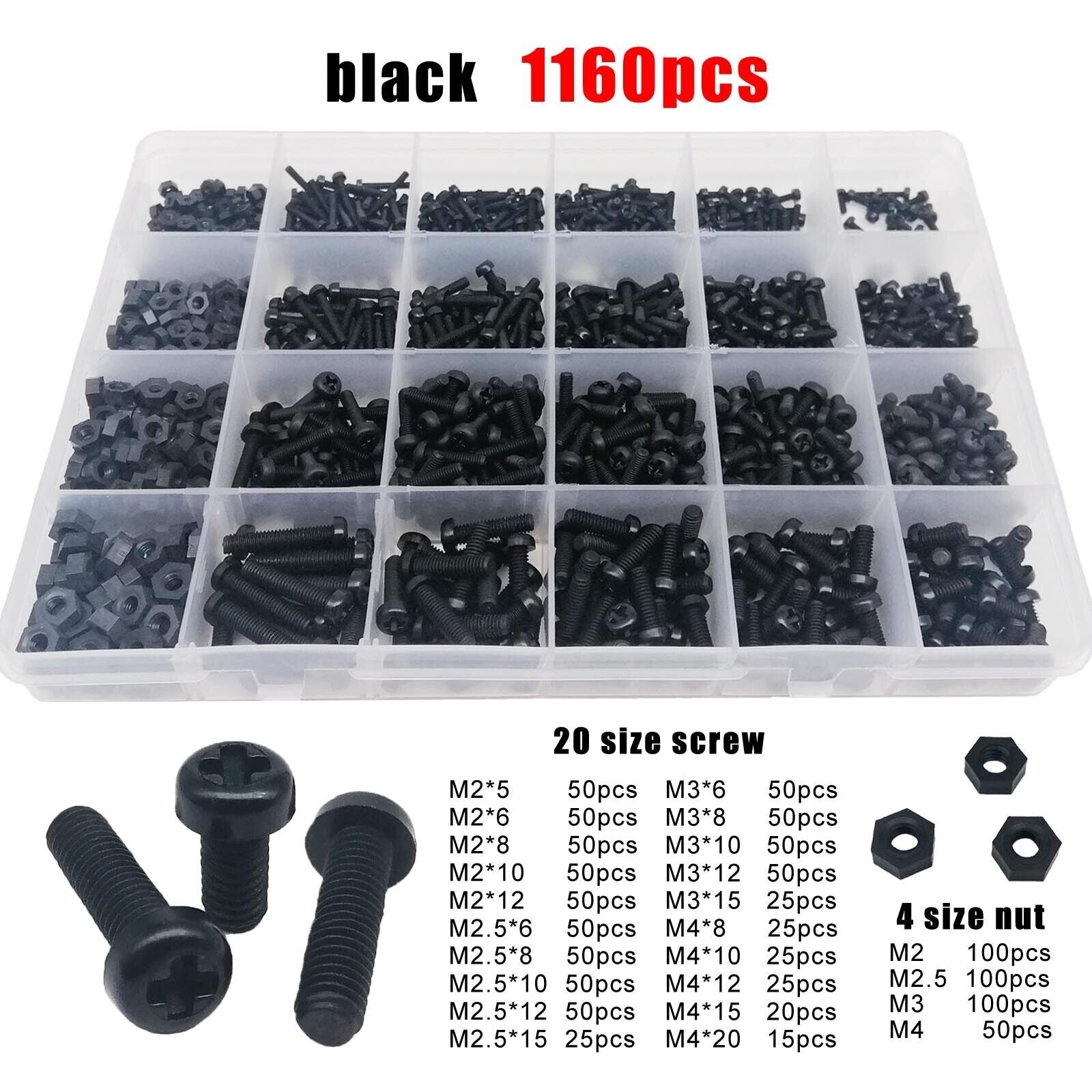 1160x  M2M2.5M3M4 Black Nylon Plastic Phillips Pan Round Head Screw Bolt Nut Set