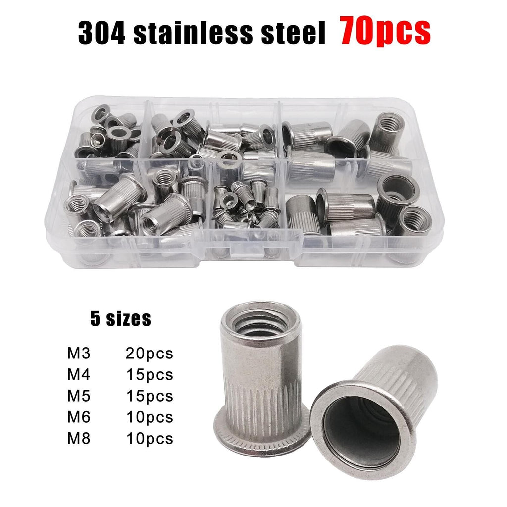 70pcs M3M4M5M6M8 304SS Flat Head Rivet Nut Insert Rivnut Assortment Set Kit