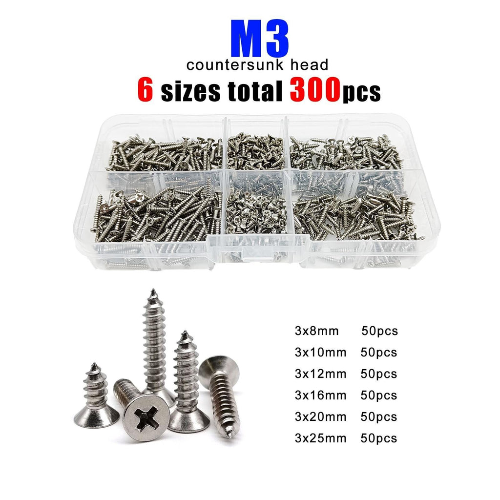 300pcs M3 304SS Phillips Flat Countersunk Head Self Tapping Wood Screw Set Kit