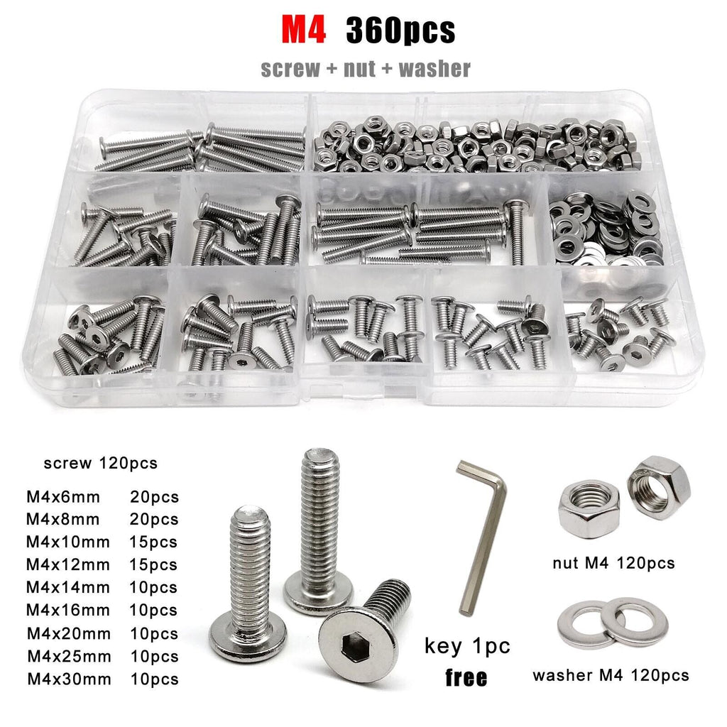 360pcs M4 Hexagon Hex Socket Ultra Thin Head Screw Bolt Set 304SS
