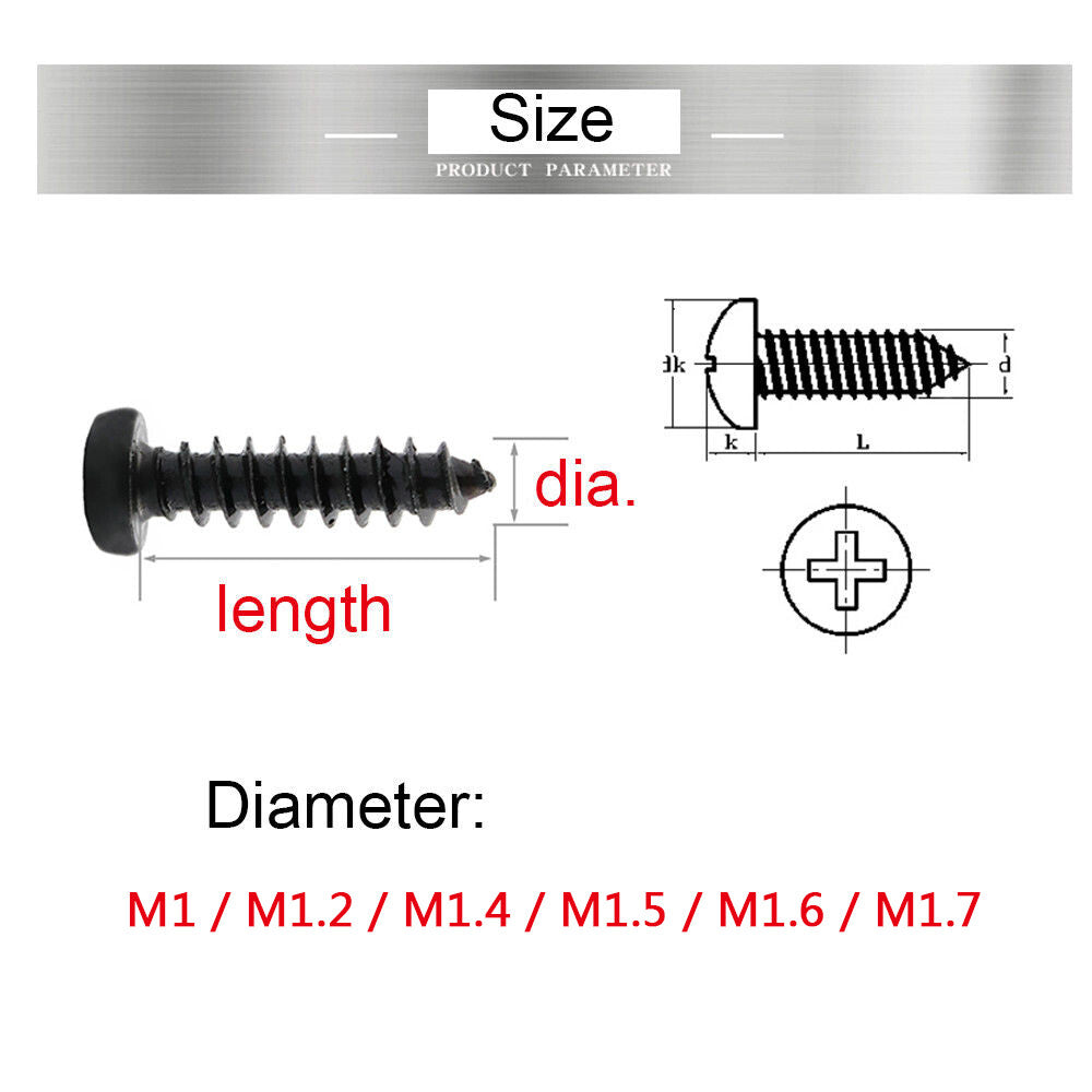 100pcs Black Self Tapping Screw Phillips Pan Head Small Micro M1.2 x 8mm
