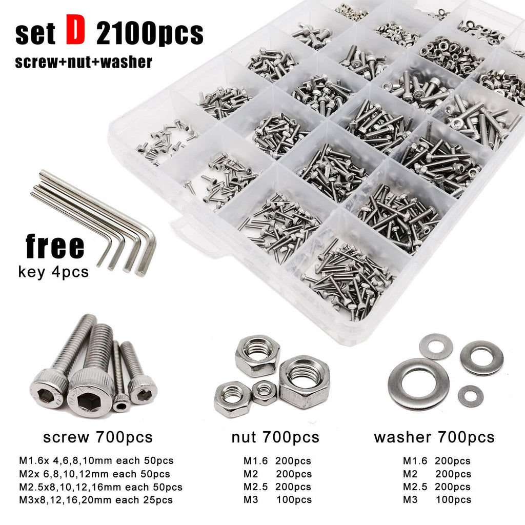 2100pcs M1.6-M3 SS304 Hexagon Hex Socket Allen Cap Head Screw Bolt Nut Set Kit
