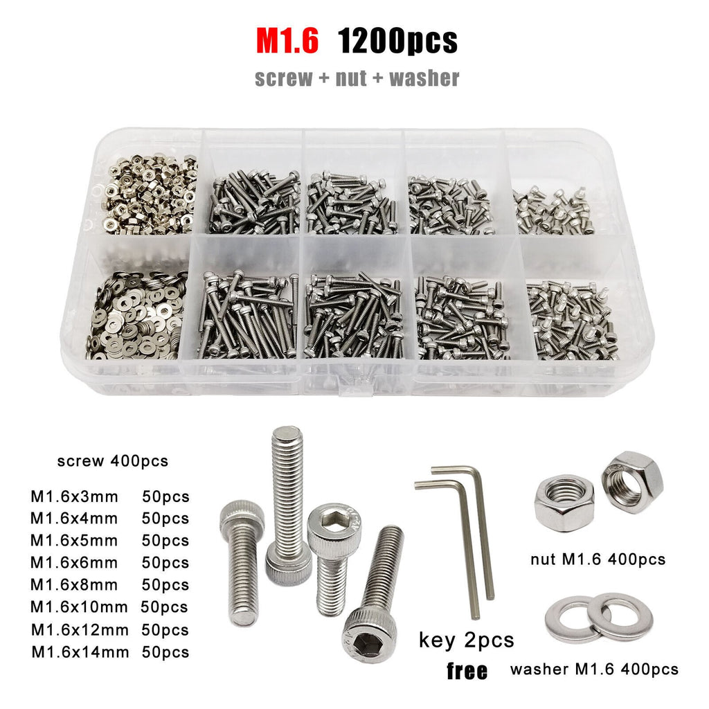M1.6 SUS304 Allen Hexagon Hex Socket Cap Head Screw Bolt Nut Washer Set Kit