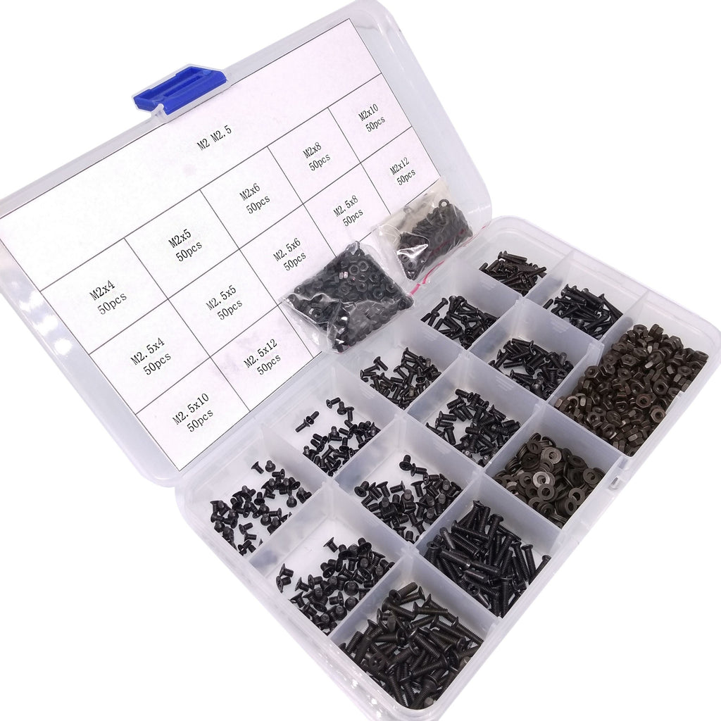 600pcs M2 M2.5 Flat Head Black Screws with Nuts Washers Assortment Kit