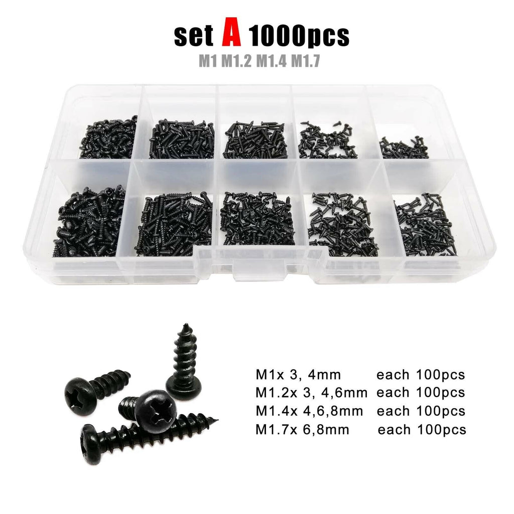 1000pcs M1-M1.7 Black Phillips Pan Round Head Self-tapping Wood Screw Set Kit