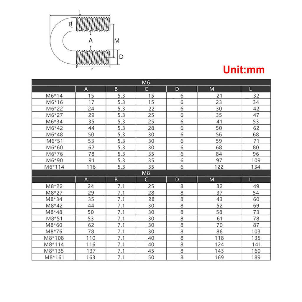 1pc U-bolts Stainless Steel A2 Screws Support Pipe Tube Conduit M6 x 76mm Metric