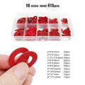 415pcs M2-M8 Red Steel Paper Flat Washer Plain Insulation Gasket Kit Set