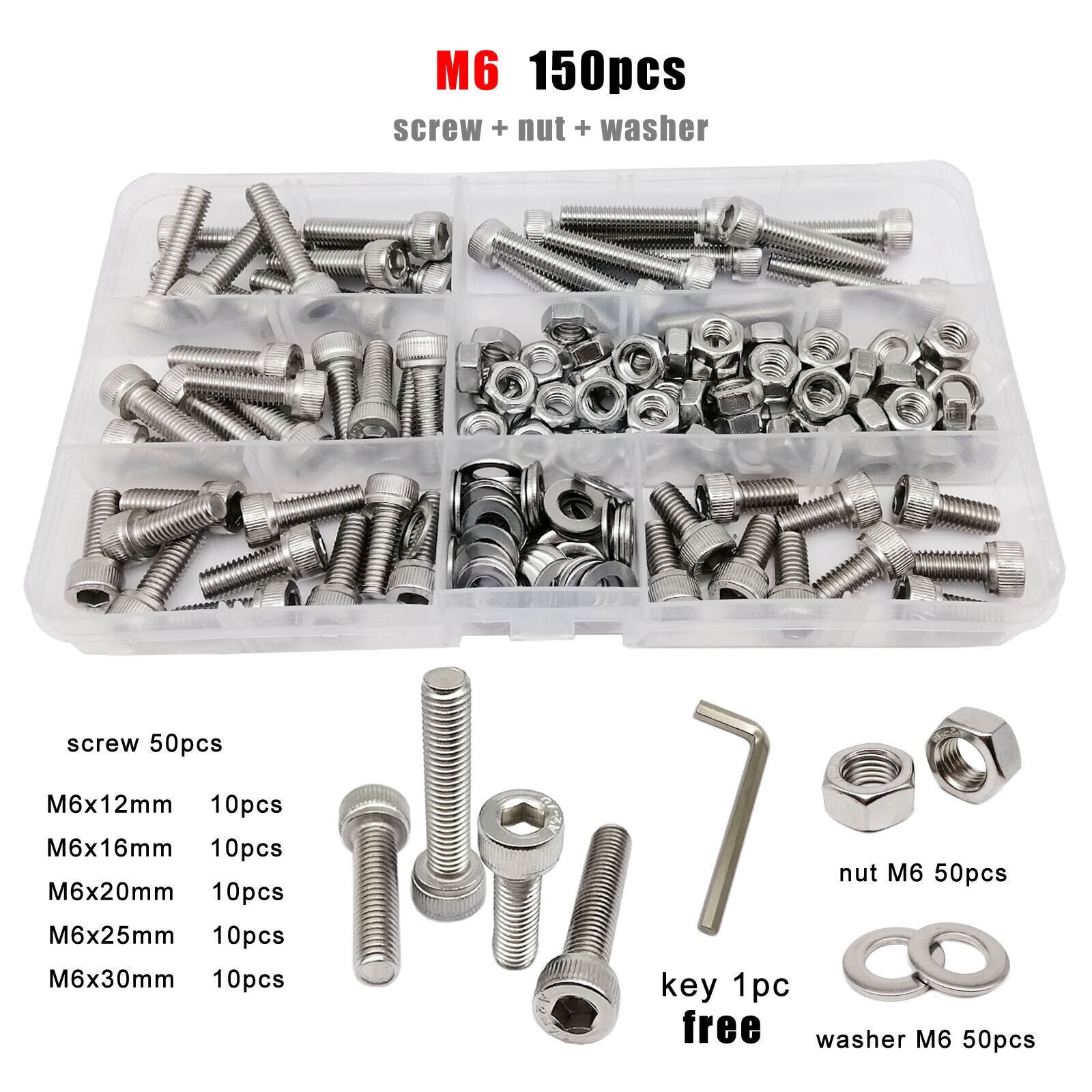M6 SUS304 Allen Hexagon Hex Socket Cap Head Screw Bolt Nut Washer Set Kit