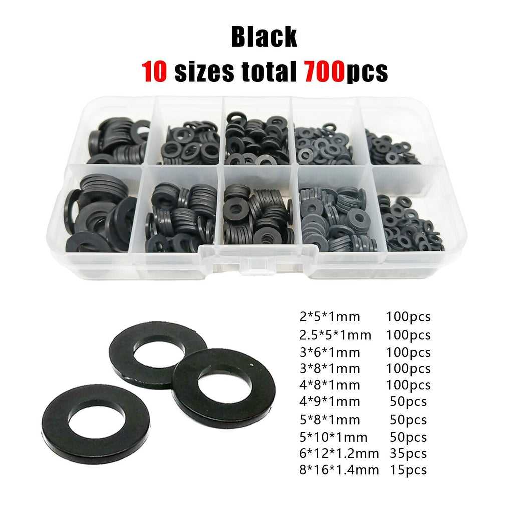 700pcs M2-M8 Black Nylon Flat Washer Plain Insulation Gasket Assortment Kit Set