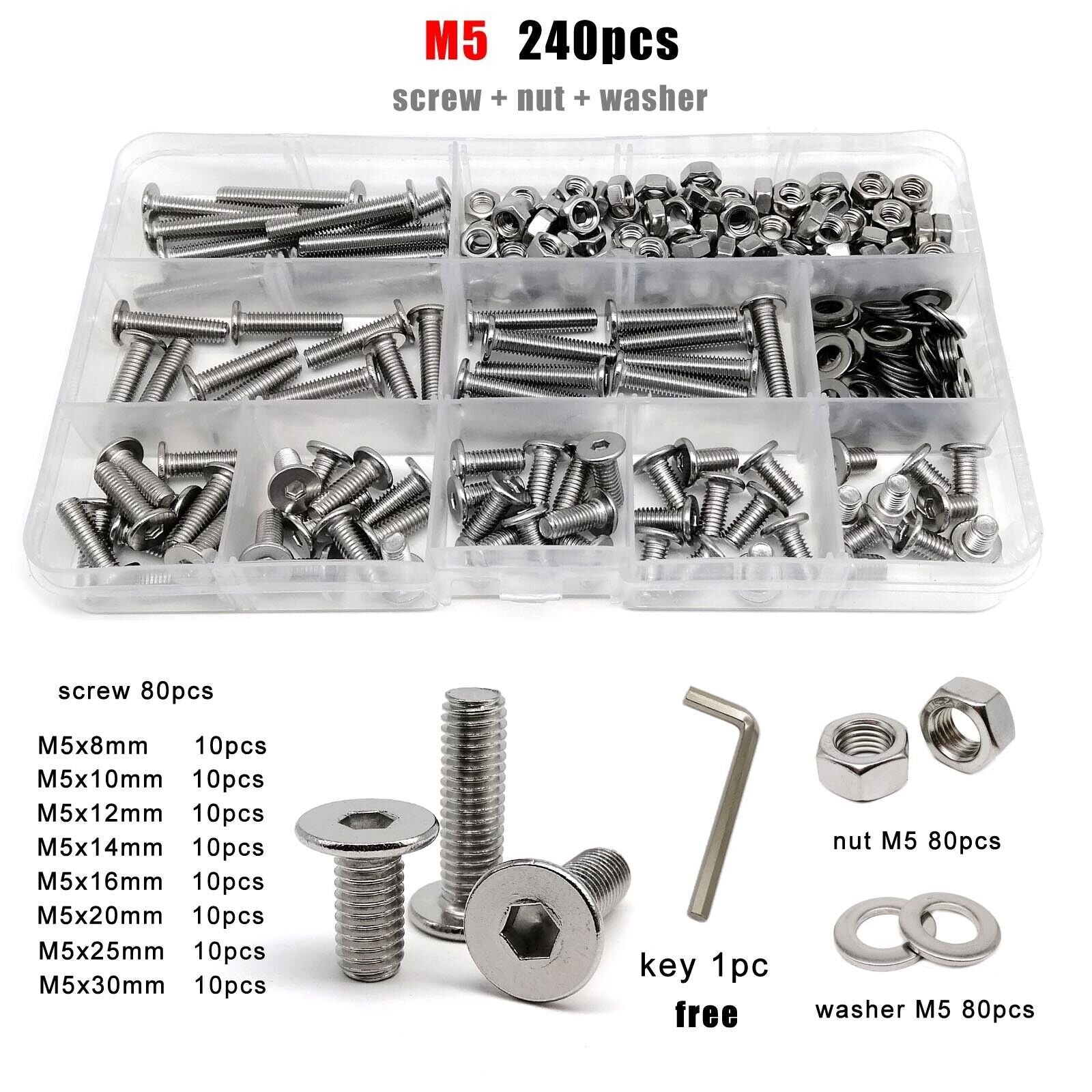 240pcs M5 Hexagon Hex Socket Ultra Thin Head Screw Bolt Set 304 Stainless Steel
