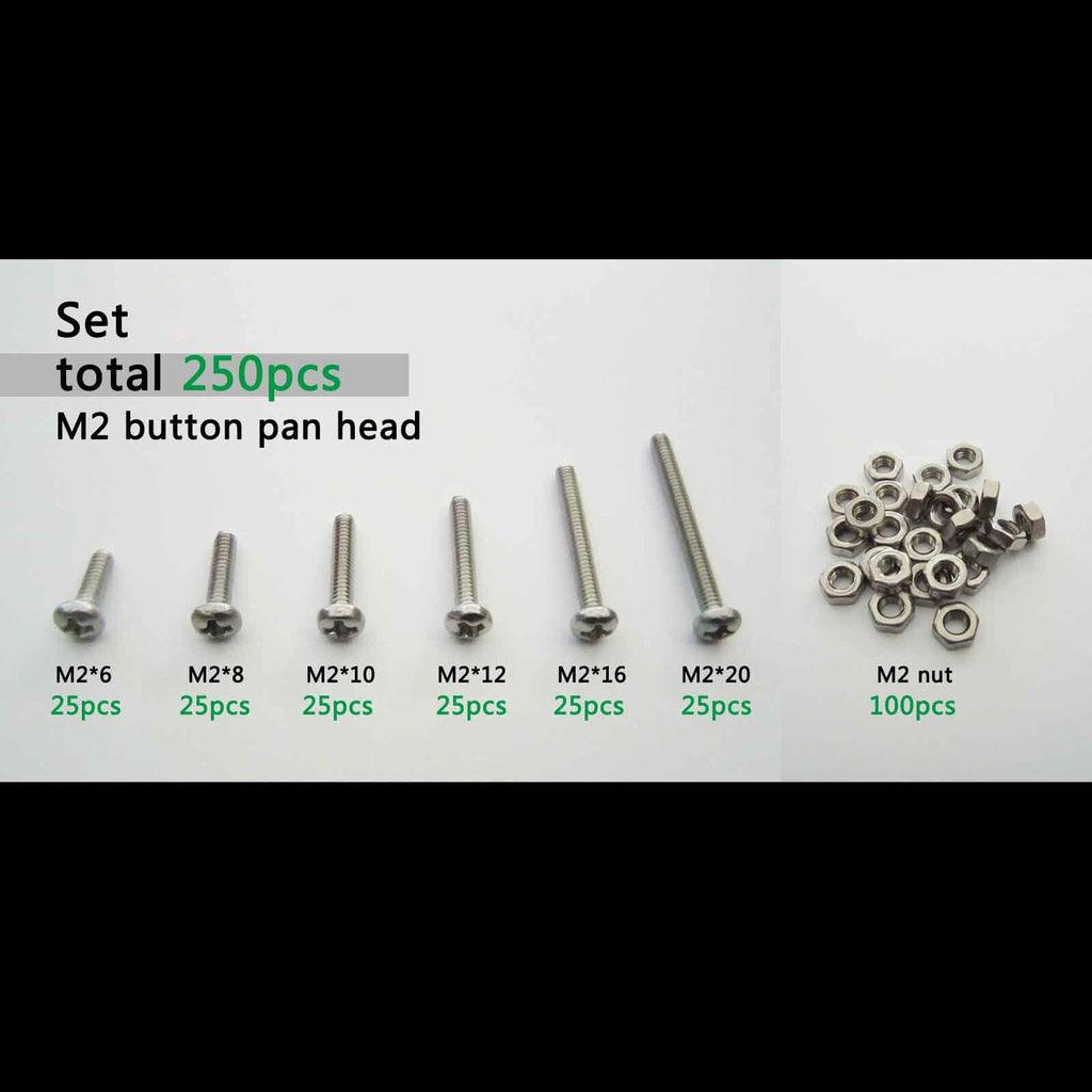 250pcs Assortment Kit Set 304 Stainless Steel Phillips Cross Screw Bolt Nut M2