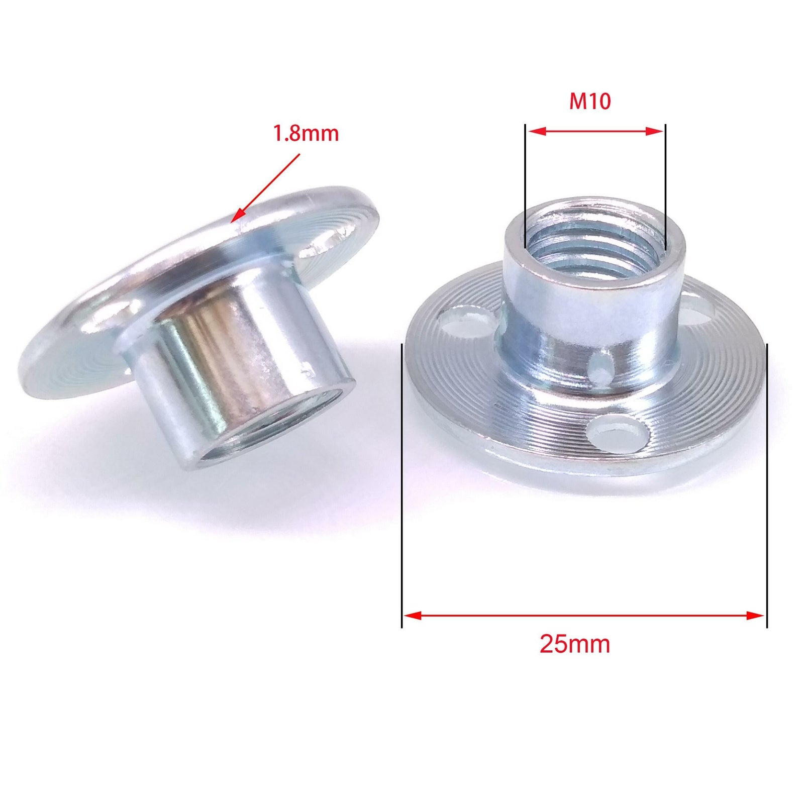 50pcs M10 x 25 x 1.8 Steel Round Base T Nut Three Brad Hole Furniture Tee Nut