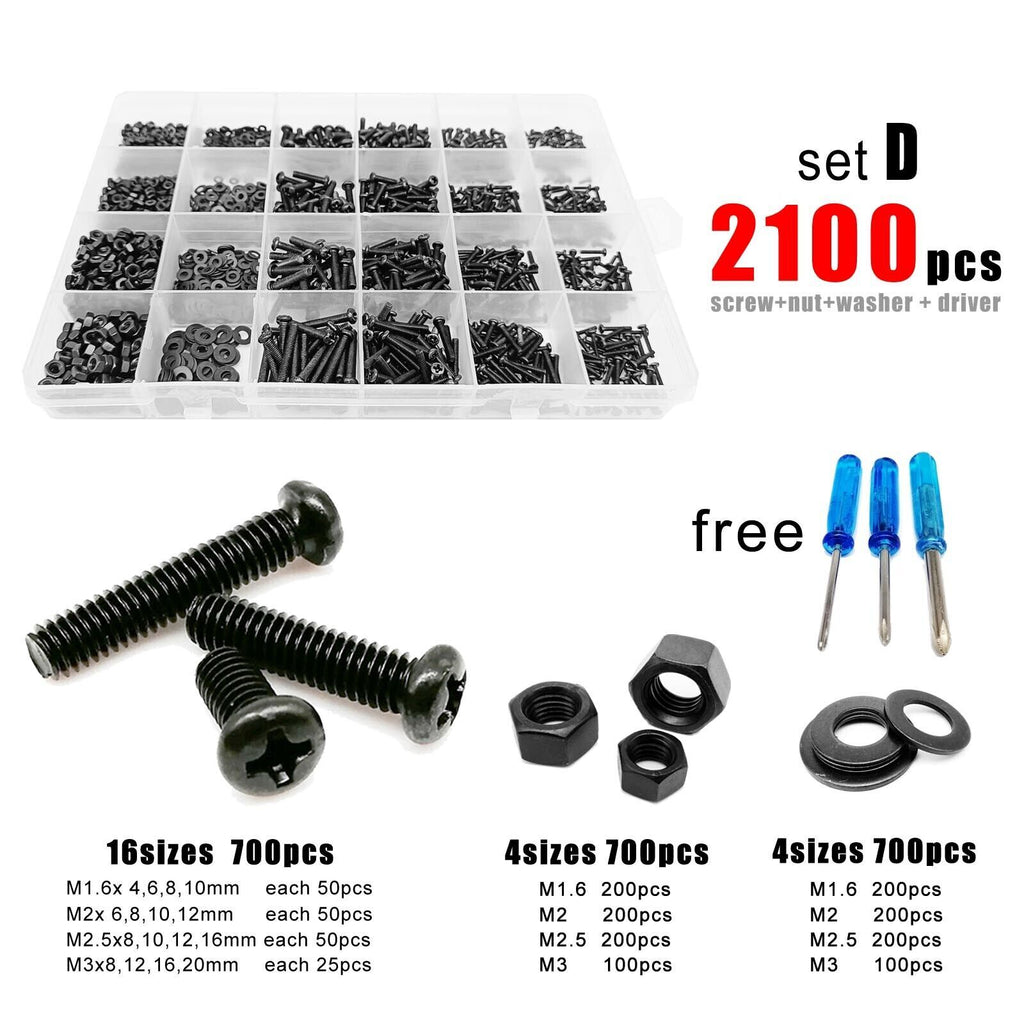 2100pcs M1.6-M3 Black Phillips Pan Round Head Screw Bolt Set Assortment Kit