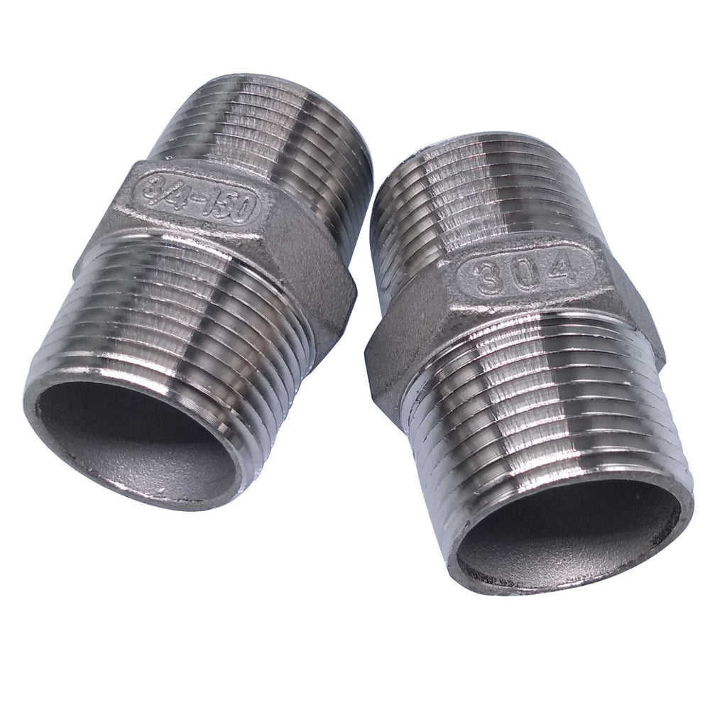 US Stock 2pcs 3/4" Male x 3/4" Male Hex Nipple SS 304 Threaded Pipe Fitting NPT