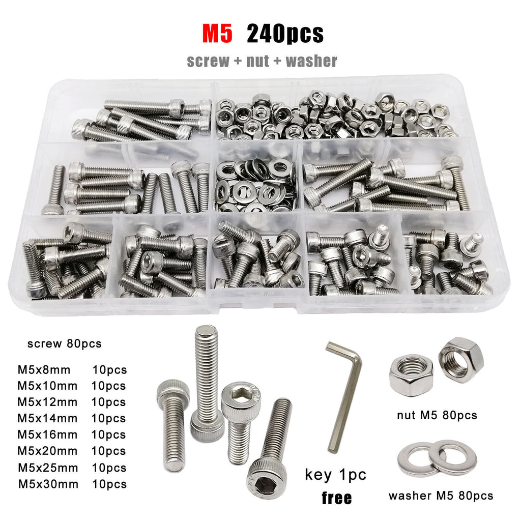 M5 SUS304 Allen Hexagon Hex Socket Cap Head Screw Bolt Nut Washer Set Kit