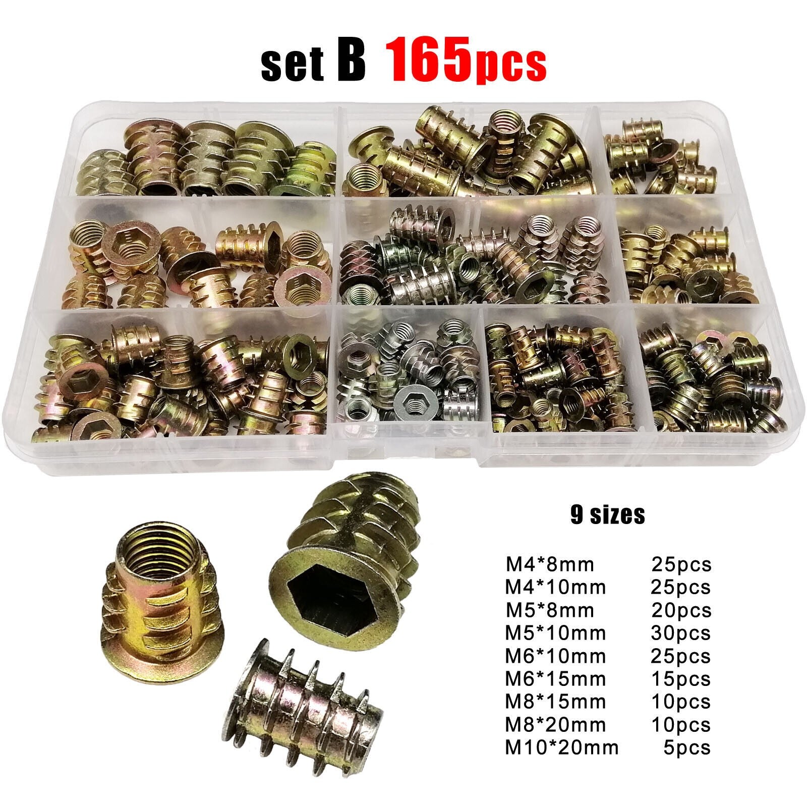 165pcs M4-M10 Hexagon Hex Socket Head Wood Furniture Embedded Insert Nut Set Kit