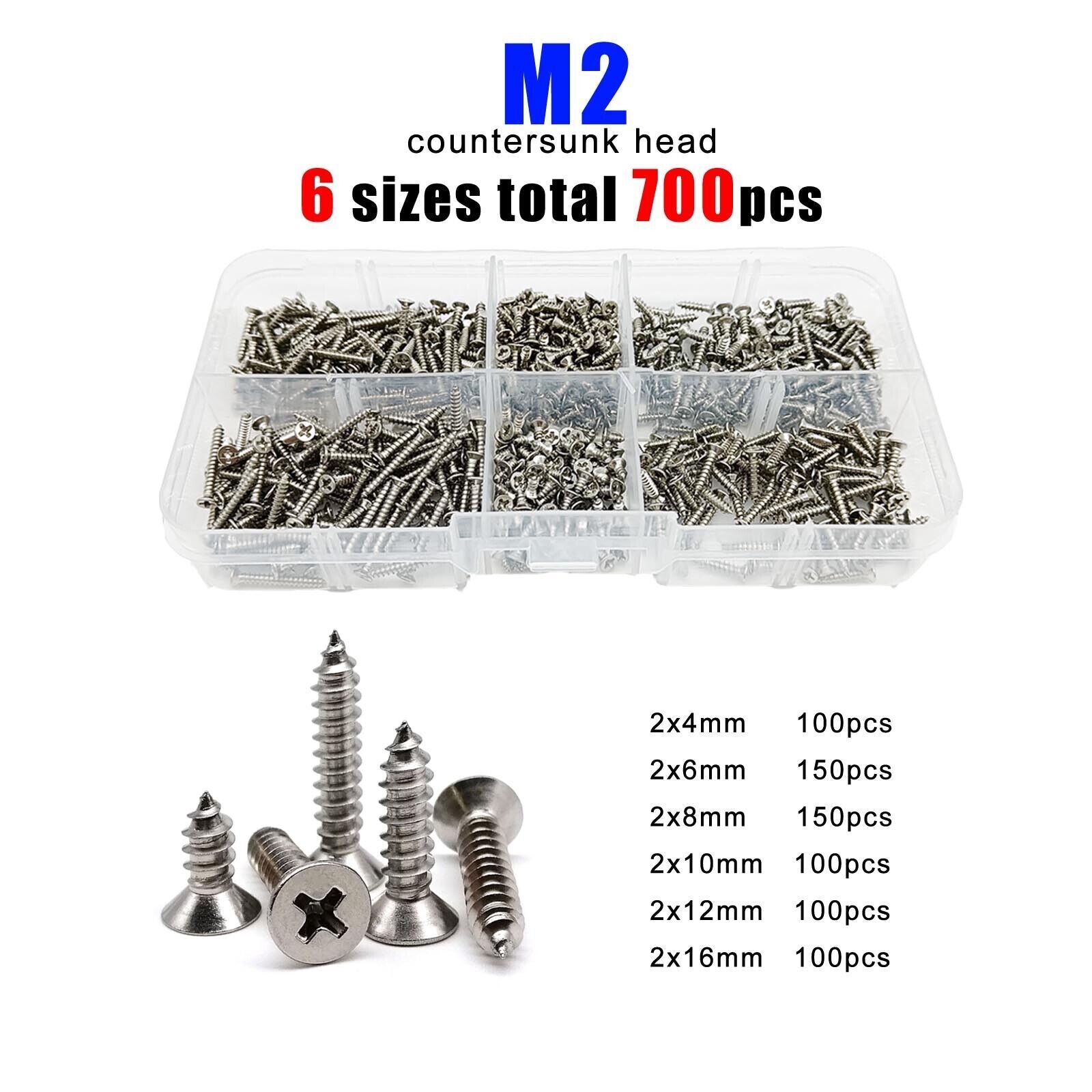 700pcs M2 304SS Phillips Flat Countersunk Head Self Tapping Wood Screw Set Kit