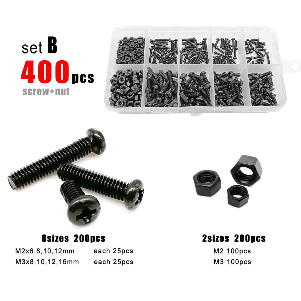 400pcs M2 M3 Black Phillips Pan Round Head Screw Bolt & Nuts Set Assortment Kit