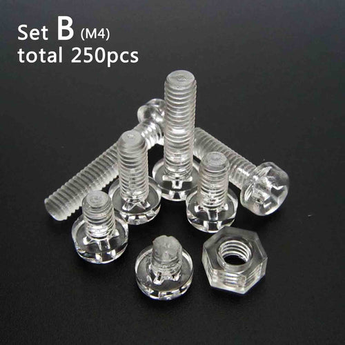 250pc Acrylic Clear Plastic M4 Round Pan Phillips Head Screw Bolt Nut Set Kit